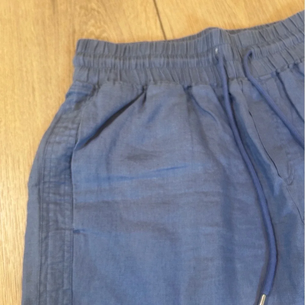Quince Women Blue 100% Linen Wide Leg Cropped Drawstring Pants Size S